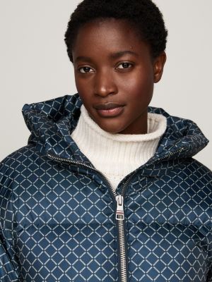 blue signature print puffer jacket for women tommy hilfiger