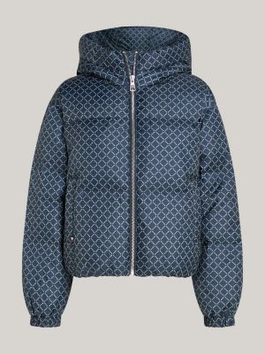 blue signature print puffer jacket for women tommy hilfiger