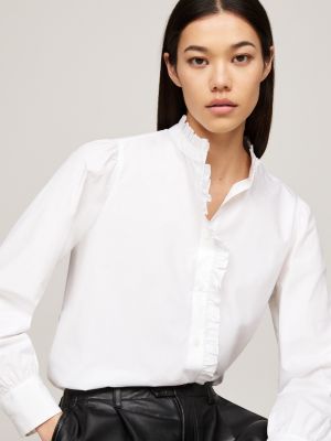 biały koszula z półgolfem ozdobionym falbanką dla kobiety - tommy hilfiger