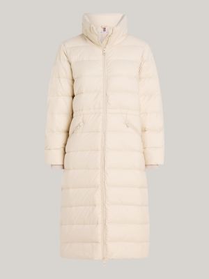 beige packable hood down longline coat for women tommy hilfiger