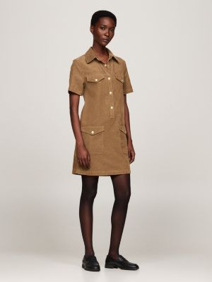 brown corduroy mini-overhemdjurk met korte mouwen voor dames - tommy hilfiger