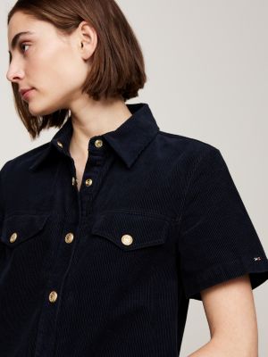 blauw corduroy mini-overhemdjurk met korte mouwen voor dames - tommy hilfiger