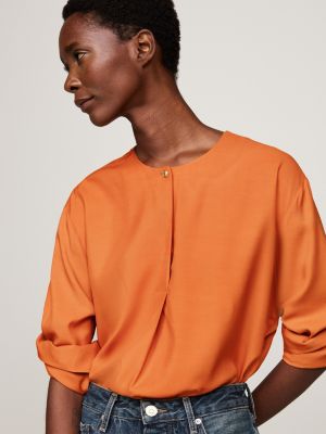 orange relaxed fit bluse mit geprägtem knopf für damen - tommy hilfiger