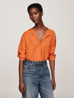 orange embossed button relaxed blouse for women tommy hilfiger