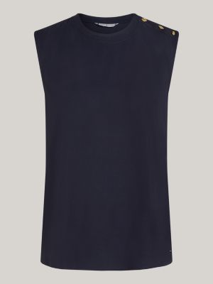 blue embossed button sleeveless top for women tommy hilfiger