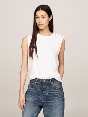 white embossed button sleeveless top for women tommy hilfiger