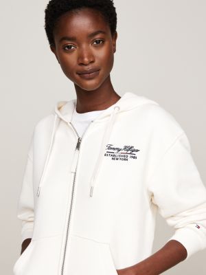 weiß reißverschluss-hoodie mit schreibschrift-logo für damen - tommy hilfiger