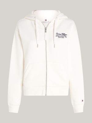 weiß reißverschluss-hoodie mit schreibschrift-logo für damen - tommy hilfiger