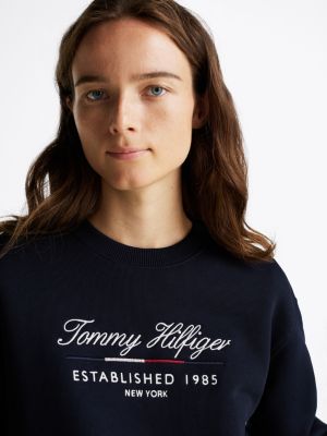 blau rundhals-sweatshirt mit schreibschrift-logo für damen - tommy hilfiger