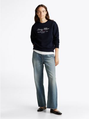 blau rundhals-sweatshirt mit schreibschrift-logo für damen - tommy hilfiger