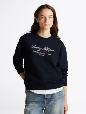 blau rundhals-sweatshirt mit schreibschrift-logo für damen - tommy hilfiger