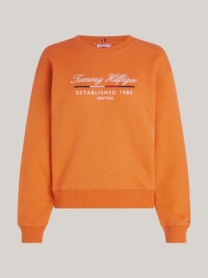 orange rundhals-sweatshirt mit schreibschrift-logo für damen - tommy hilfiger