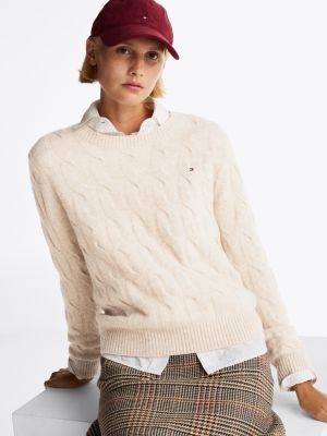 pullover a maglia intrecciata in pura lana beige da donne tommy hilfiger