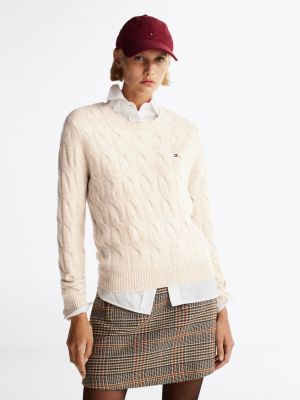 pull en pure laine à maille torsadée beige pour femmes tommy hilfiger