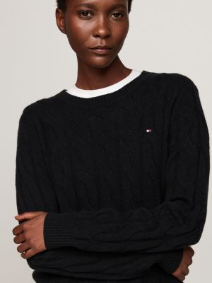 schwarz wollpullover mit zopfmuster für damen - tommy hilfiger