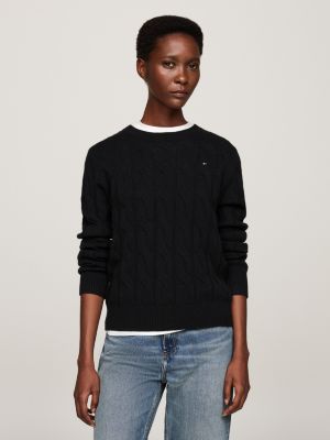 schwarz wollpullover mit zopfmuster für damen - tommy hilfiger