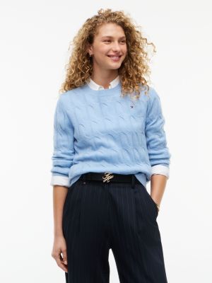 blue strickpullover aus reiner wolle mit zopfmuster für damen - tommy hilfiger