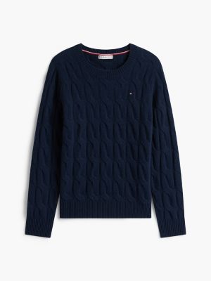 blau softer zopfstrick-pullover aus reiner wolle für damen - tommy hilfiger