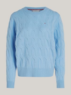 pullover a maglia intrecciata in pura lana blu da donne tommy hilfiger