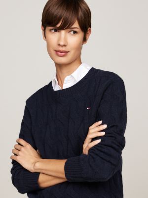 blau wollpullover mit zopfmuster für damen - tommy hilfiger