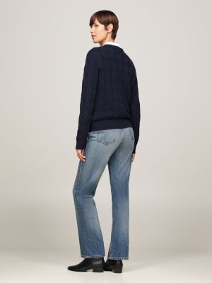 blau wollpullover mit zopfmuster für damen - tommy hilfiger