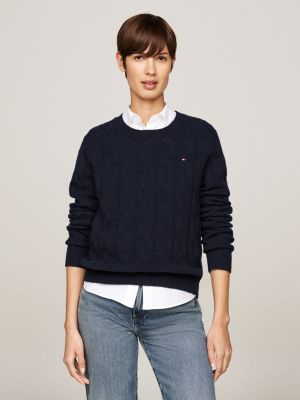 pull en pure laine à maille torsadée bleu pour femmes tommy hilfiger