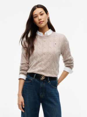 brown strickpullover aus reiner wolle mit zopfmuster für damen - tommy hilfiger