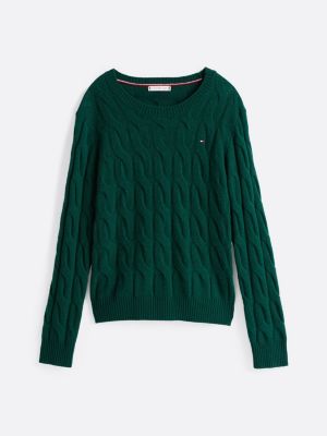 pullover a maglia intrecciata in pura lana verde da donne tommy hilfiger