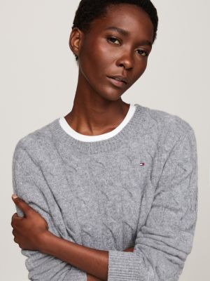 grau wollpullover mit zopfmuster für damen - tommy hilfiger