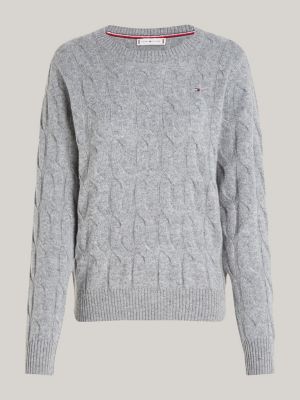 grau wollpullover mit zopfmuster für damen - tommy hilfiger