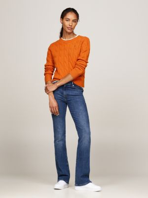 orange wollpullover mit zopfmuster für damen - tommy hilfiger