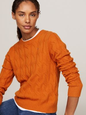 orange wollpullover mit zopfmuster für damen - tommy hilfiger