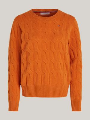 orange wollpullover mit zopfmuster für damen - tommy hilfiger