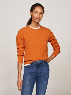 orange wollpullover mit zopfmuster für damen - tommy hilfiger