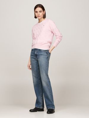 pull en pure laine à maille torsadée rose pour femmes tommy hilfiger