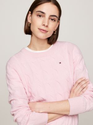 pull en pure laine à maille torsadée rose pour femmes tommy hilfiger