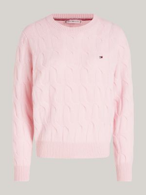 pull en pure laine à maille torsadée rose pour femmes tommy hilfiger