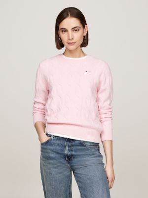 pull en pure laine à maille torsadée rose pour femmes tommy hilfiger