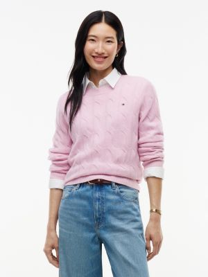 pullover in maglia di pura lana intrecciata pink da donne tommy hilfiger