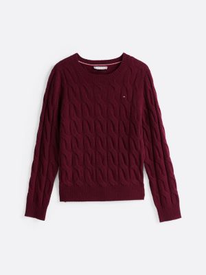 pull en pure laine à maille torsadée rouge pour femmes tommy hilfiger