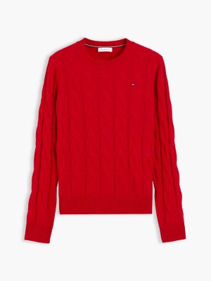 pullover in maglia di pura lana intrecciata rosso da donne tommy hilfiger