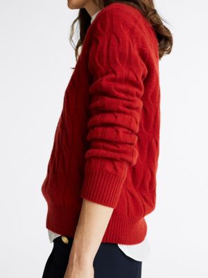 pull en pure laine à maille torsadée rouge pour femmes tommy hilfiger