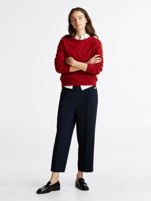 pull en pure laine à maille torsadée rouge pour femmes tommy hilfiger