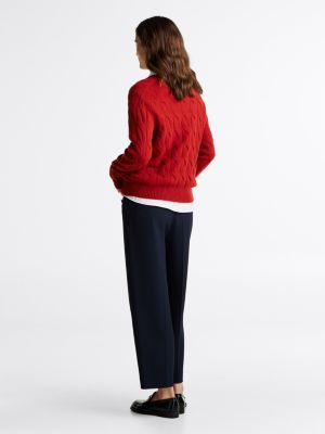 pull en pure laine à maille torsadée rouge pour femmes tommy hilfiger