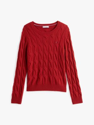 pull en pure laine à maille torsadée rouge pour femmes tommy hilfiger