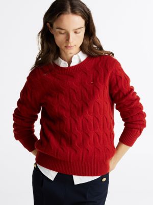 pull en pure laine à maille torsadée rouge pour femmes tommy hilfiger