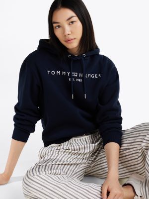 felpa con cappuccio e logo ricamato blu da donne tommy hilfiger