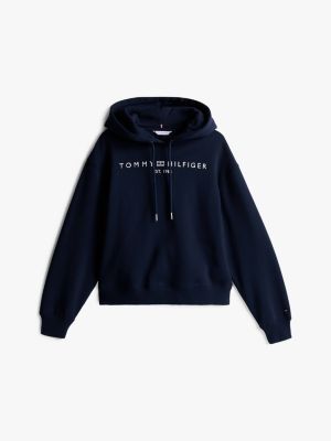 felpa con cappuccio e logo ricamato blu da donne tommy hilfiger