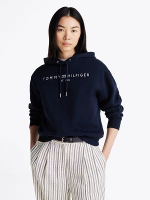 blue logo embroidery drawstring hoody for women tommy hilfiger