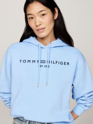 felpa con cappuccio e logo ricamato blu da donne tommy hilfiger